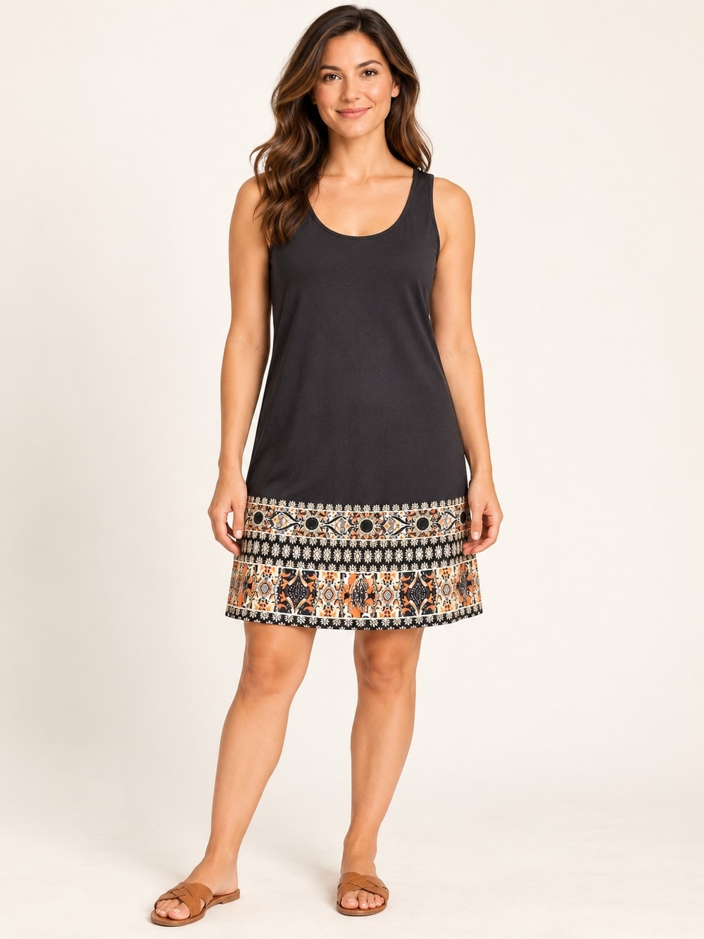 NWT Emery Rose Women’s L Sleeveless Black Shift Dress Orange Print Border